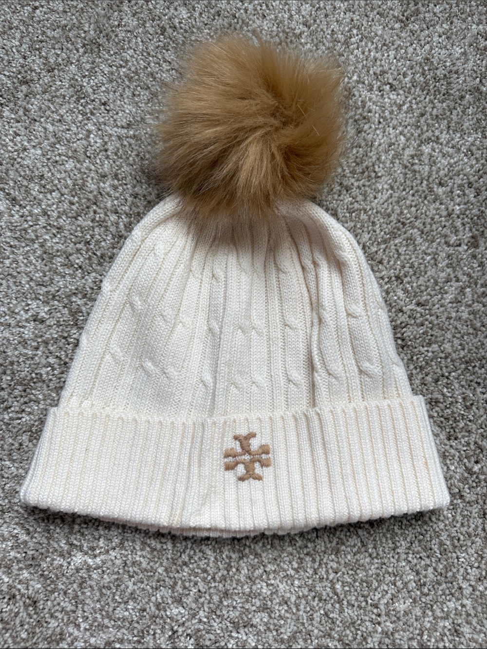 Tory Burch Cream Cable-Knit Winter Beanie with Tan Pom
